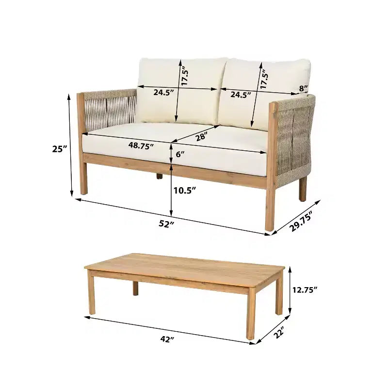Set da salotto Christopher Knight Home Gilda con divanetto e tavolino da caffè in legno di acacia e corda intrecciata