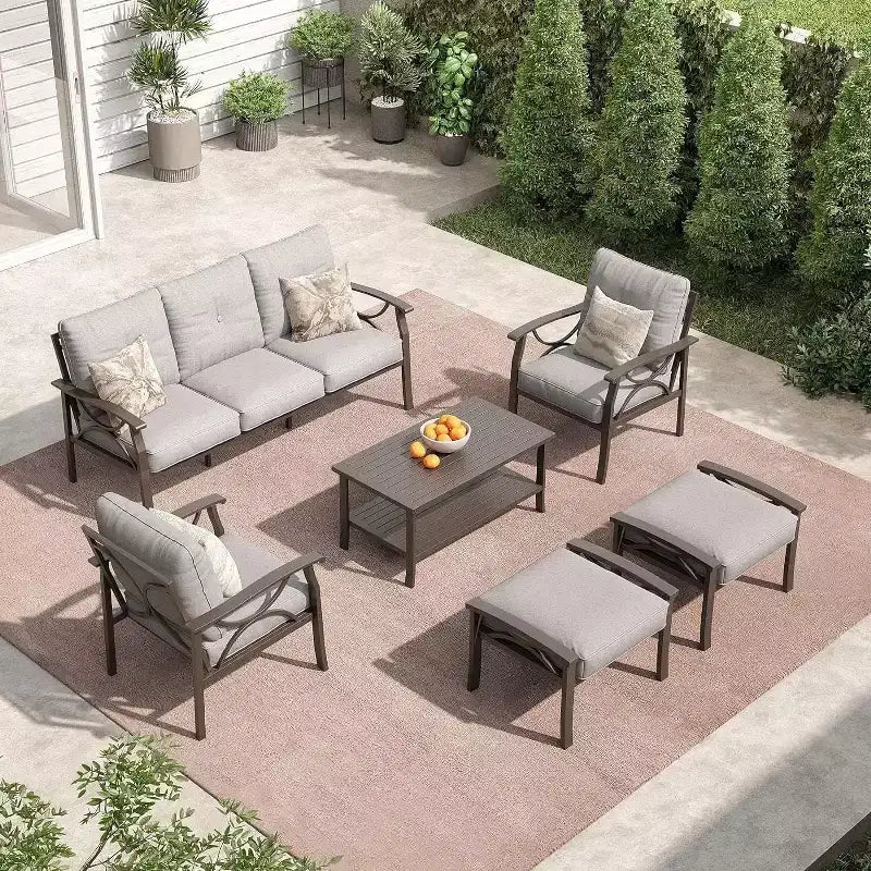 Heynemo Set di mobili da esterno per patio, 6 pezzi, con tavolino da caffè e poggiapiedi, set di mobili in metallo per portico e cortile, colore caffè