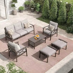 Heynemo Set di mobili da esterno per patio, 6 pezzi, con tavolino da caffè e poggiapiedi, set di mobili in metallo per portico e cortile, colore caffè