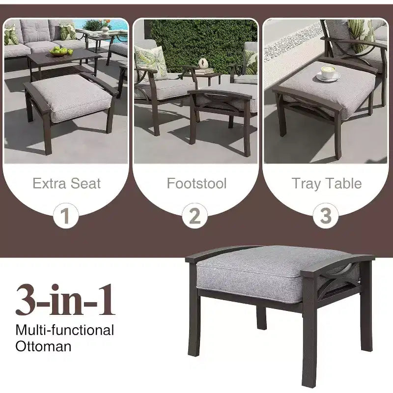 Heynemo Set di mobili da esterno per patio, 6 pezzi, con tavolino da caffè e poggiapiedi, set di mobili in metallo per portico e cortile, colore caffè