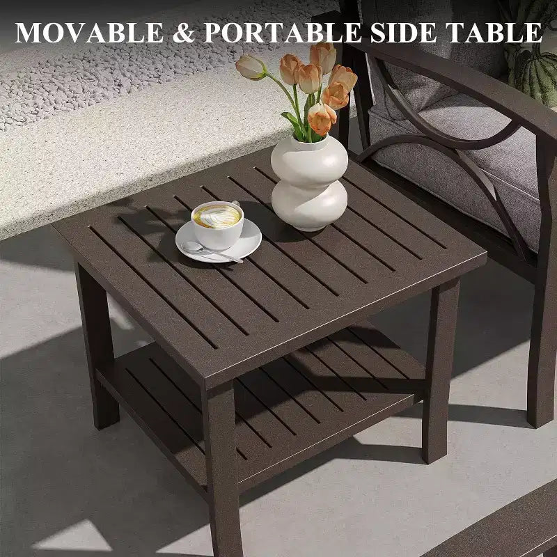 Heynemo Set di mobili da esterno per patio, 6 pezzi, con tavolino da caffè e poggiapiedi, set di mobili in metallo per portico e cortile, colore caffè