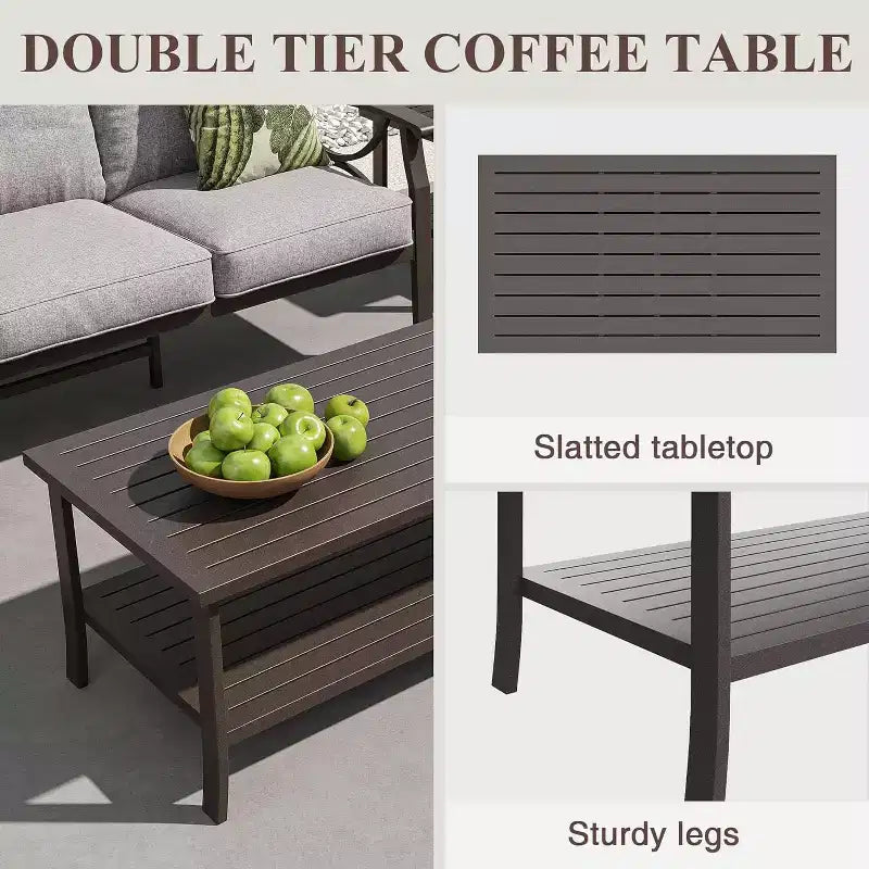 Heynemo Set di mobili da esterno per patio, 6 pezzi, con tavolino da caffè e poggiapiedi, set di mobili in metallo per portico e cortile, colore caffè