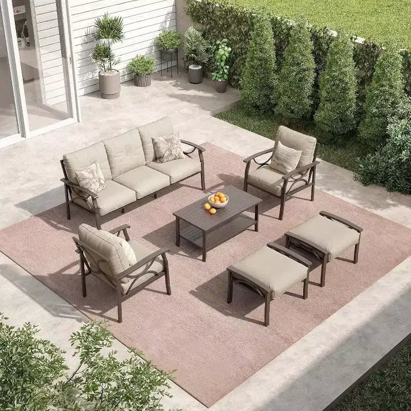 Heynemo Set di mobili da esterno per patio, 6 pezzi, con tavolino da caffè e poggiapiedi, set di mobili in metallo per portico e cortile, colore caffè