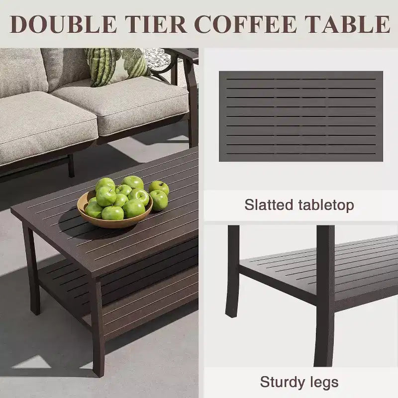 Heynemo Set di mobili da esterno per patio, 6 pezzi, con tavolino da caffè e poggiapiedi, set di mobili in metallo per portico e cortile, colore caffè