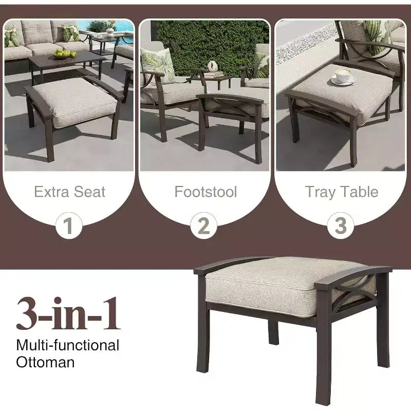 Heynemo Set di mobili da esterno per patio, 6 pezzi, con tavolino da caffè e poggiapiedi, set di mobili in metallo per portico e cortile, colore caffè