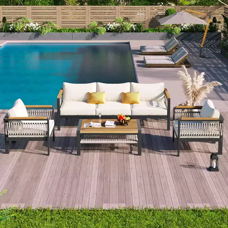 Set Divano Sezionale da Esterno a 4 Pezzi, Salotto da Giardino per 5 Persone con Cuscini e Tavolino da Caffè - ModernLuxe