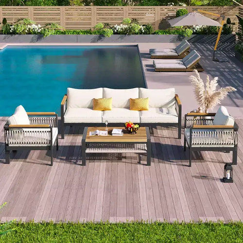 Ensemble de canapé d'angle extérieur 4 pièces, salon de jardin 5 places avec coussins et table basse - ModernLuxe