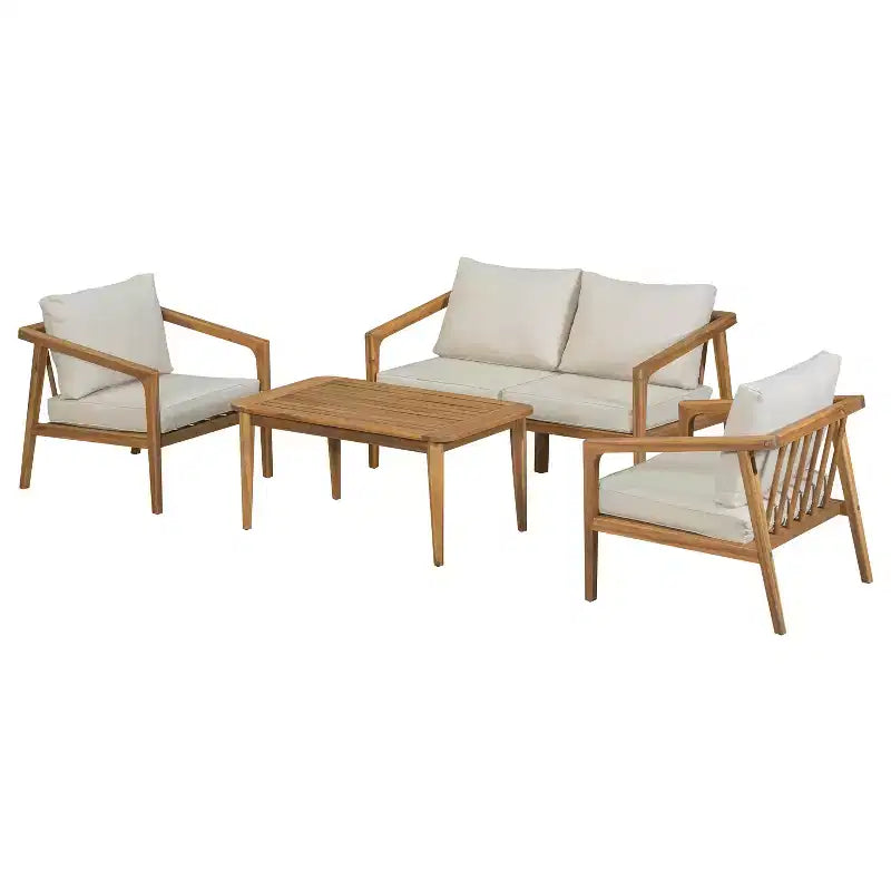 Christopher Knight Home Osborn Set 4 Pezzi da Esterno con Cuscino, in Legno di Acacia, Design a Doghe, Teak/Beige