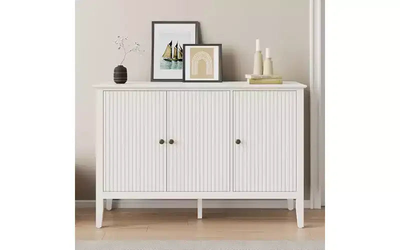 Heynemo Fluted 3-Door Cabinet, Modern White Buffet Cabinet with Adjustable Shelves & Metal Knobs, Sideboard Coffee Bar Cabinet, Storage Cabinet,White