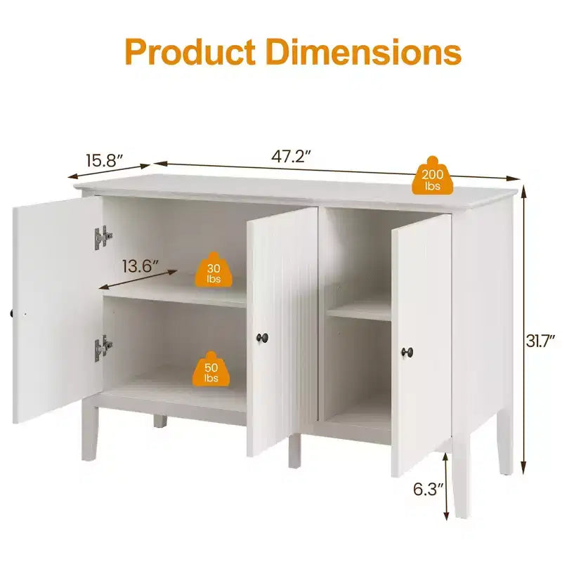 Meuble bas Heynemo à 3 portes cannelées, buffet moderne blanc avec étagères réglables et poignées métalliques, meuble de bar à café, meuble de rangement, Blanc