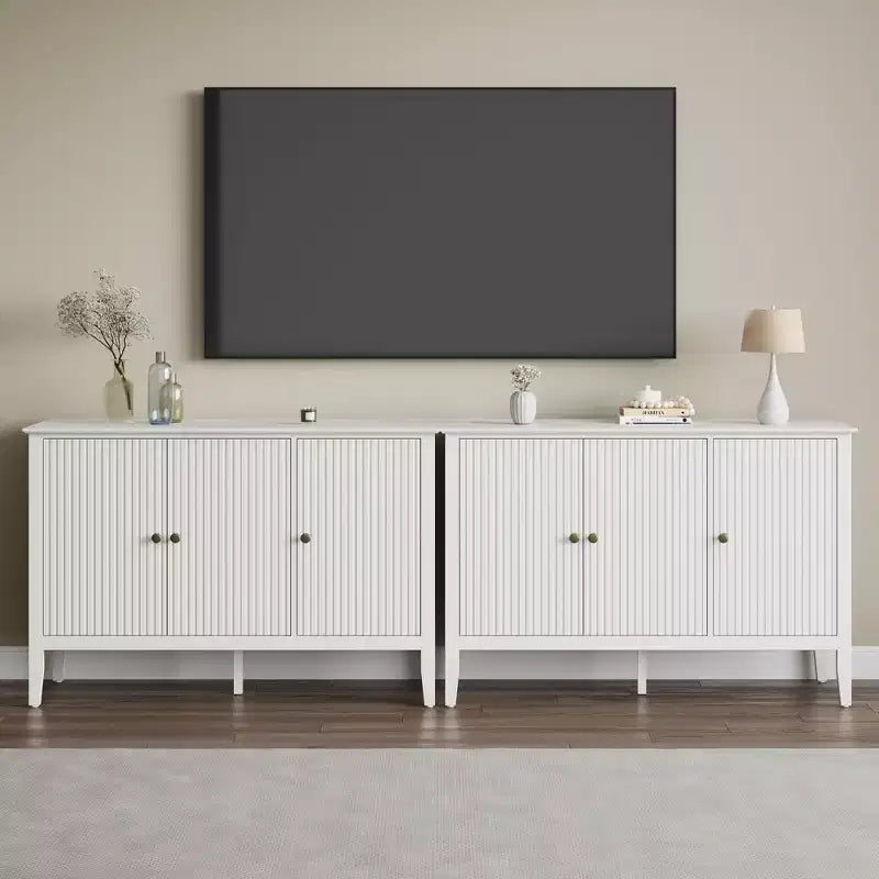 Meuble bas Heynemo à 3 portes cannelées, buffet moderne blanc avec étagères réglables et poignées métalliques, meuble de bar à café, meuble de rangement, Blanc