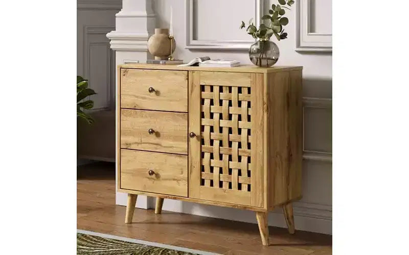 Meuble d'appoint Heynemo avec tiroirs, Meuble d'entrée avec pieds en chêne, Buffet décoratif en bois avec étagère réglable et portes, Naturel