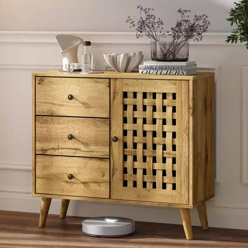 Meuble d'appoint Heynemo avec tiroirs, Meuble d'entrée avec pieds en chêne, Buffet décoratif en bois avec étagère réglable et portes, Naturel