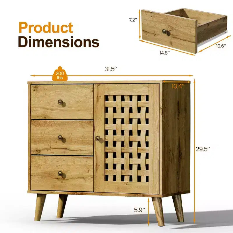 Heynemo mobiletto consolle con cassetti, mobiletto d'ingresso con gambe in rovere, credenza decorativa in legno con ripiano regolabile e ante, naturale