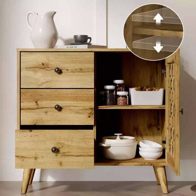 Heynemo mobiletto consolle con cassetti, mobiletto d'ingresso con gambe in rovere, credenza decorativa in legno con ripiano regolabile e ante, naturale