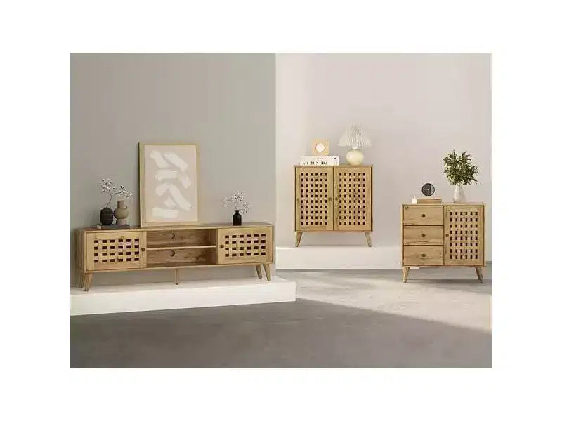 Meuble d'appoint Heynemo avec tiroirs, Meuble d'entrée avec pieds en chêne, Buffet décoratif en bois avec étagère réglable et portes, Naturel