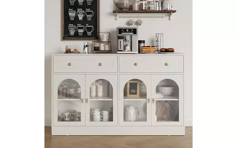 Heynemo Sideboard, Sideboard with Adjustable Shelves & 4 Doors, Kitchen Storage Sideboards with 2 Drawers, Wood Coffee Bar Table, White