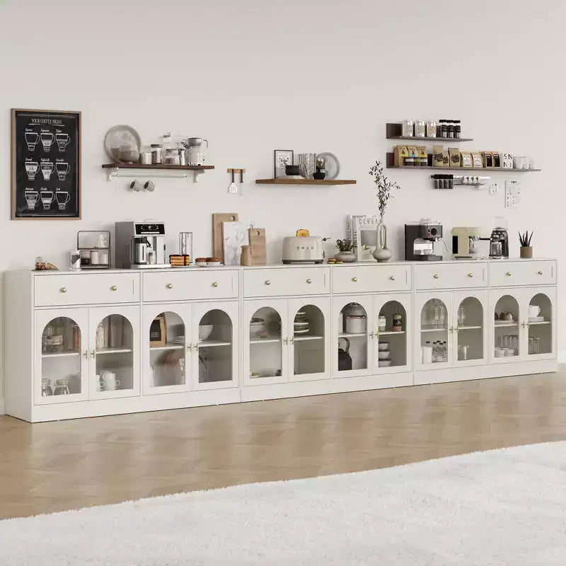 Heynemo Madia, Madia con Ripiani Regolabili e 4 Ante, Credenza da Cucina con 2 Cassetti, Tavolino da Caffè in Legno, Bianco