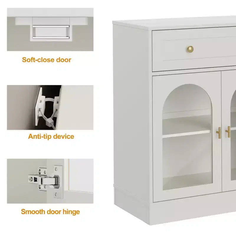 Heynemo Madia, Madia con Ripiani Regolabili e 4 Ante, Credenza da Cucina con 2 Cassetti, Tavolino da Caffè in Legno, Bianco