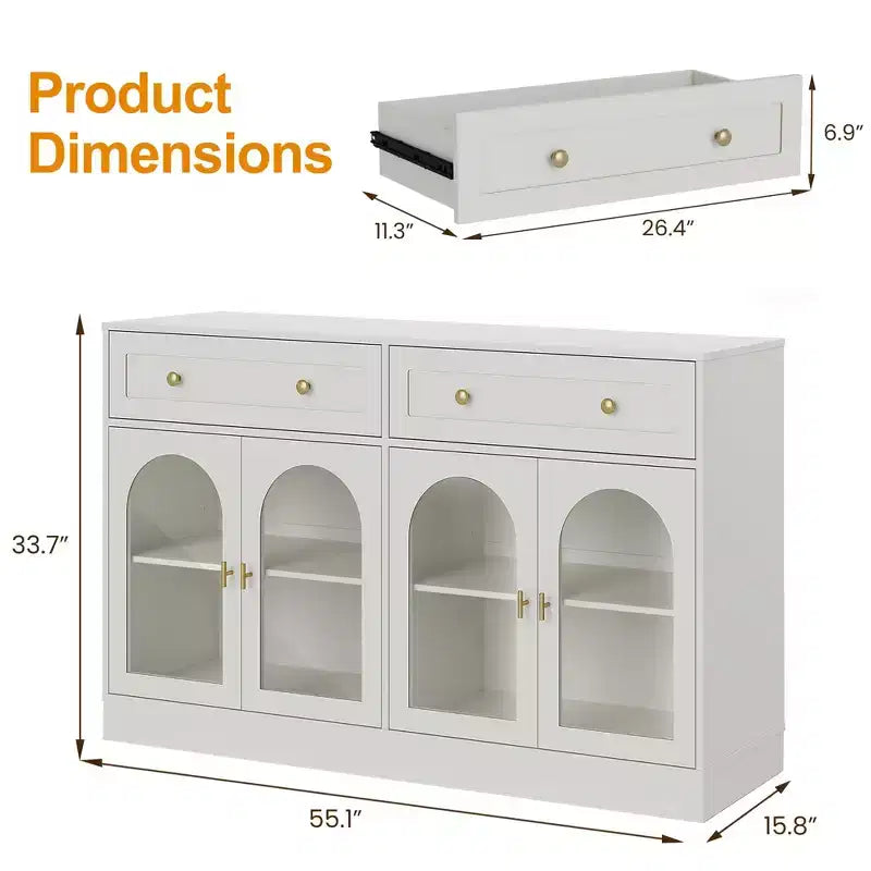 Heynemo Madia, Madia con Ripiani Regolabili e 4 Ante, Credenza da Cucina con 2 Cassetti, Tavolino da Caffè in Legno, Bianco