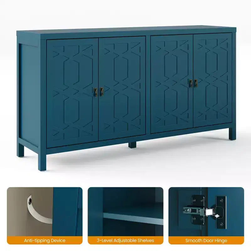 Heynemo Madia Credenza, Madia Credenza Moderna Mid-Century da 60'' con 4 Ante e Scaffali Regolabili, Madia Credenza per Ingresso, Blu Turchese