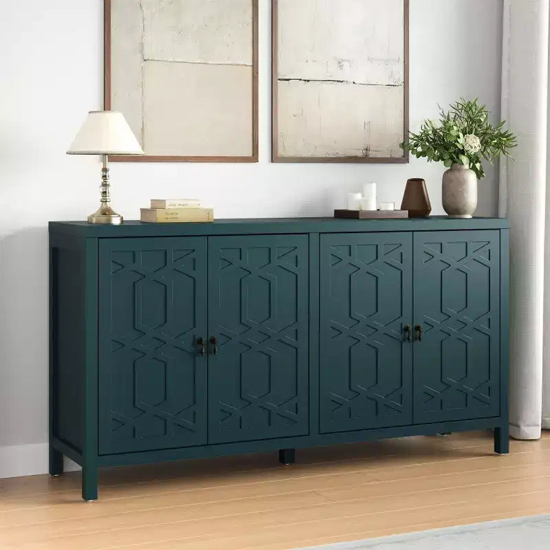 Heynemo Madia Credenza, Madia Credenza Moderna Mid-Century da 60'' con 4 Ante e Scaffali Regolabili, Madia Credenza per Ingresso, Blu Turchese