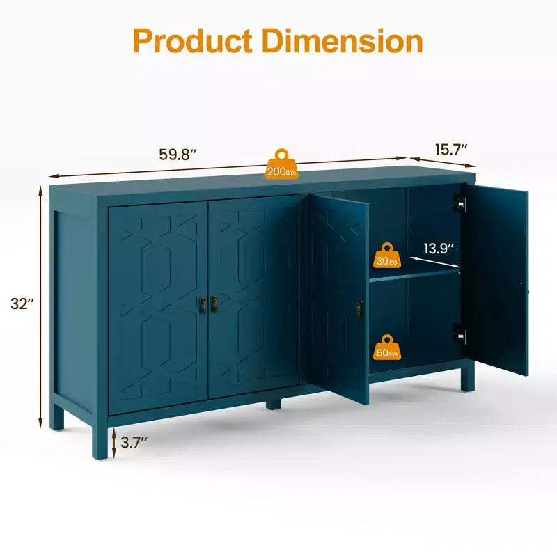 Heynemo Madia Credenza, Madia Credenza Moderna Mid-Century da 60'' con 4 Ante e Scaffali Regolabili, Madia Credenza per Ingresso, Blu Turchese