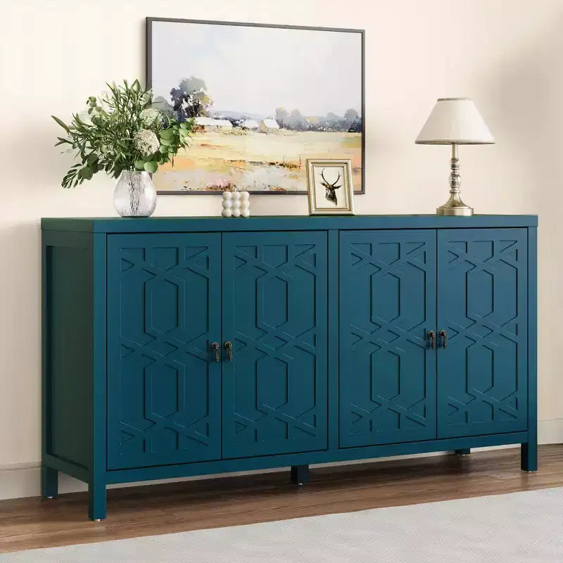 Heynemo Madia Credenza, Madia Credenza Moderna Mid-Century da 60'' con 4 Ante e Scaffali Regolabili, Madia Credenza per Ingresso, Blu Turchese