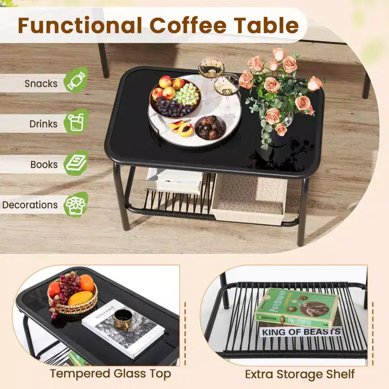 Set Mobili da Giardino 4 Pezzi Costway con Divanetto Tavolino da Caffè in Vetro Temperato e Cuscini Morbidi