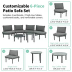 Ensemble de canapé de patio demi-lune 6 pièces Whisen avec 2 tables basses et 4 oreillers, sectionnel en rotin PE