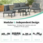 Ensemble de canapé de patio demi-lune 6 pièces Whisen avec 2 tables basses et 4 oreillers, sectionnel en rotin PE