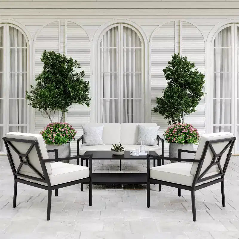 Set conversazione da patio 4 pezzi Martha Stewart in acciaio con divanetto, 2 sedie e tavolino da caffè, colore nero