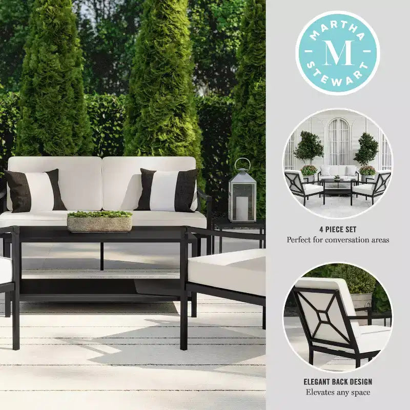 Set conversazione da patio 4 pezzi Martha Stewart in acciaio con divanetto, 2 sedie e tavolino da caffè, colore nero