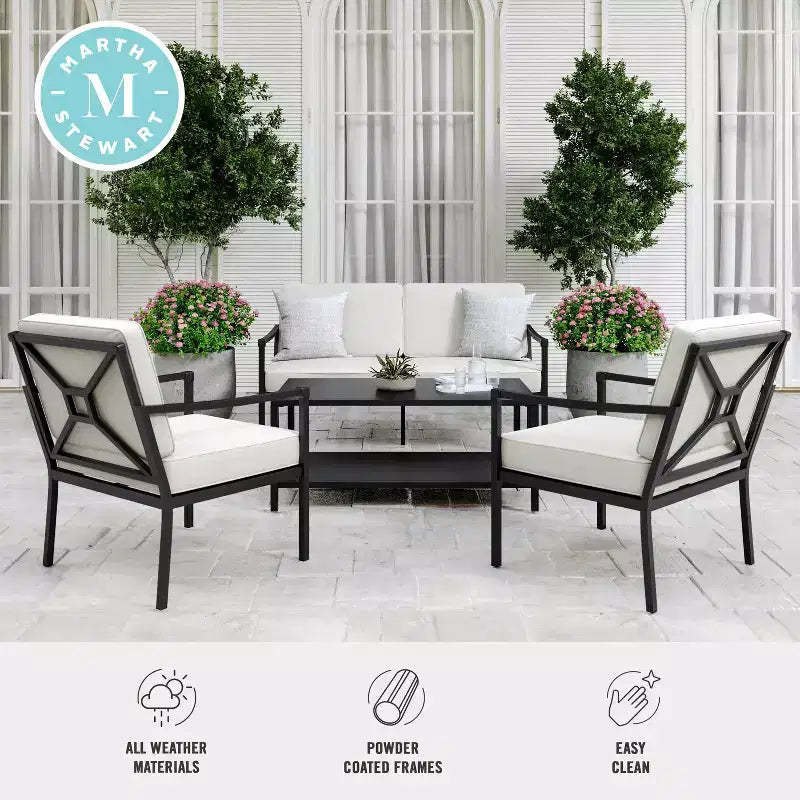 Set conversazione da patio 4 pezzi Martha Stewart in acciaio con divanetto, 2 sedie e tavolino da caffè, colore nero