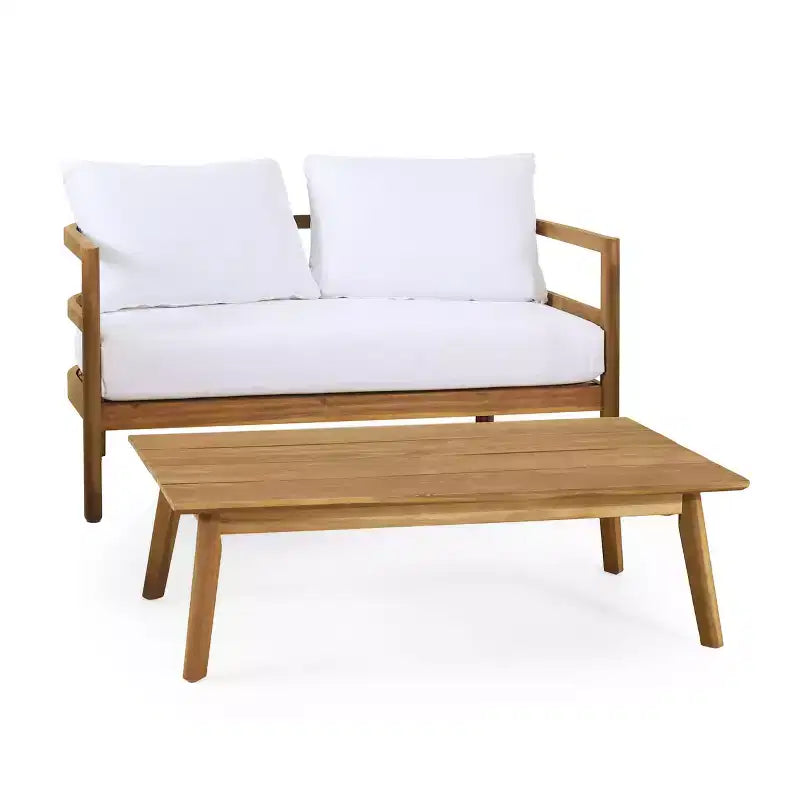 Set Divanetto e Tavolino da Caffè da Esterno GDFStudio Aggie in Legno di Acacia con Cuscini, Teak/Bianco