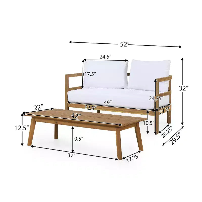 Set Divanetto e Tavolino da Caffè da Esterno GDFStudio Aggie in Legno di Acacia con Cuscini, Teak/Bianco