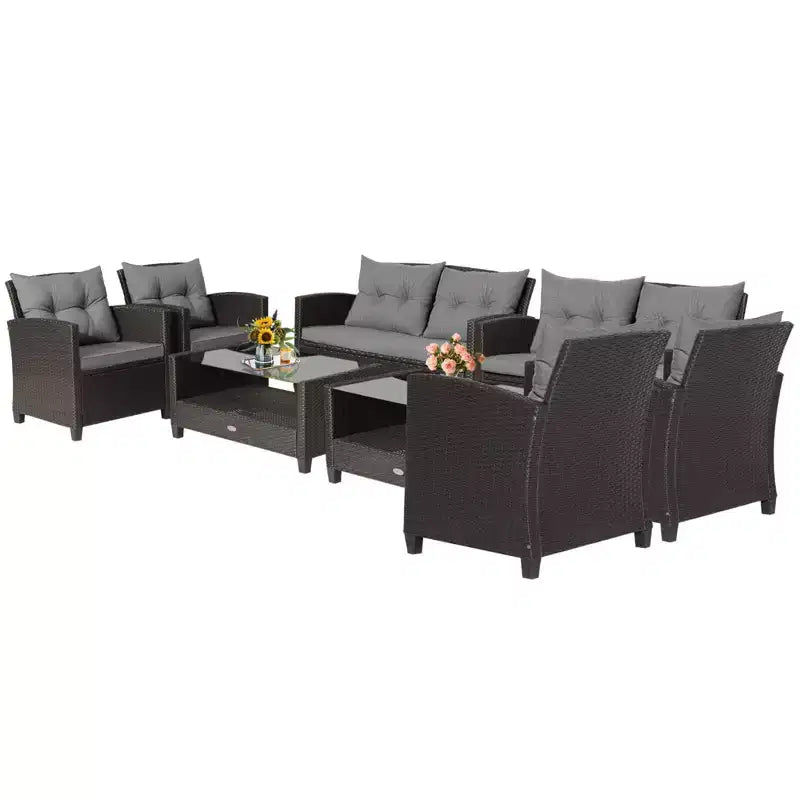Costway Set Mobili da Giardino in Rattan da 8 Pezzi con Tavolo in Vetro Scaffale Divano Cuscini Grigio