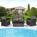 Costway Set Mobili da Giardino in Rattan da 8 Pezzi con Tavolo in Vetro Scaffale Divano Cuscini Grigio