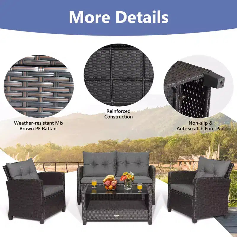 Costway Set Mobili da Giardino in Rattan da 8 Pezzi con Tavolo in Vetro Scaffale Divano Cuscini Grigio