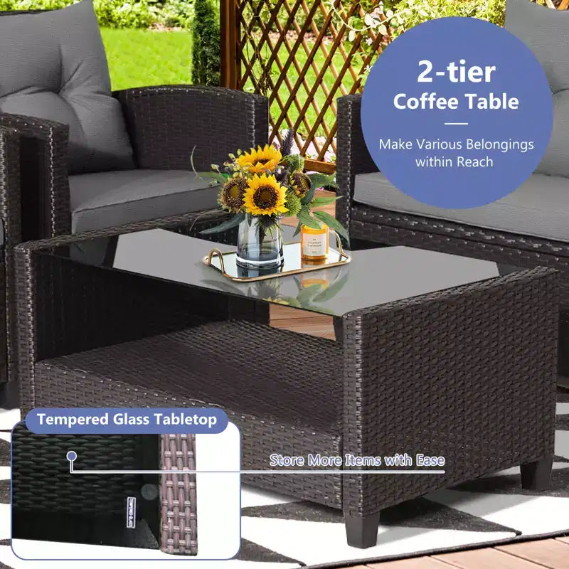 Costway Set Mobili da Giardino in Rattan da 8 Pezzi con Tavolo in Vetro Scaffale Divano Cuscini Grigio
