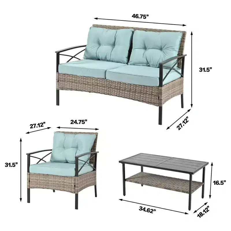 Mobili da giardino, Arredamento per esterni, Mobili stagionali in rattan sintetico, Set di quattro mobili in rattan con tavolo in metallo nero