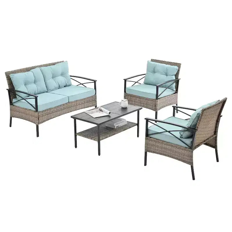 Mobili da giardino, Arredamento per esterni, Mobili stagionali in rattan sintetico, Set di quattro mobili in rattan con tavolo in metallo nero
