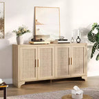Buffet de salle à manger en rotin de 157 cm, meuble de rangement de cuisine à 4 portes avec étagères