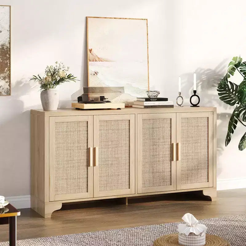 Buffet de salle à manger en rotin de 157 cm, meuble de rangement de cuisine à 4 portes avec étagères