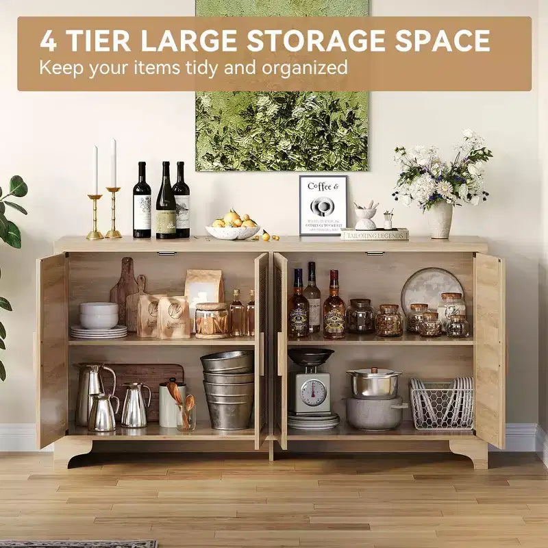 Buffet de salle à manger en rotin de 157 cm, meuble de rangement de cuisine à 4 portes avec étagères