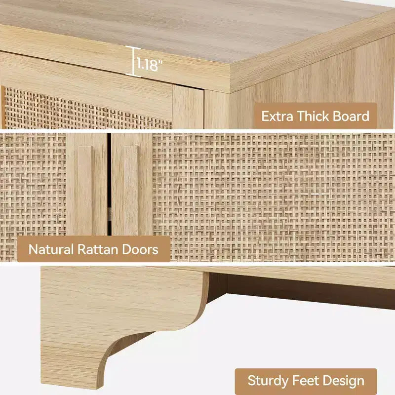 Buffet de salle à manger en rotin de 157 cm, meuble de rangement de cuisine à 4 portes avec étagères