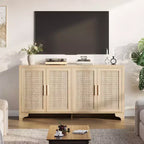 Buffet de salle à manger en rotin de 157 cm, meuble de rangement de cuisine à 4 portes avec étagères