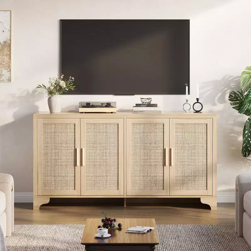 Buffet de salle à manger en rotin de 157 cm, meuble de rangement de cuisine à 4 portes avec étagères