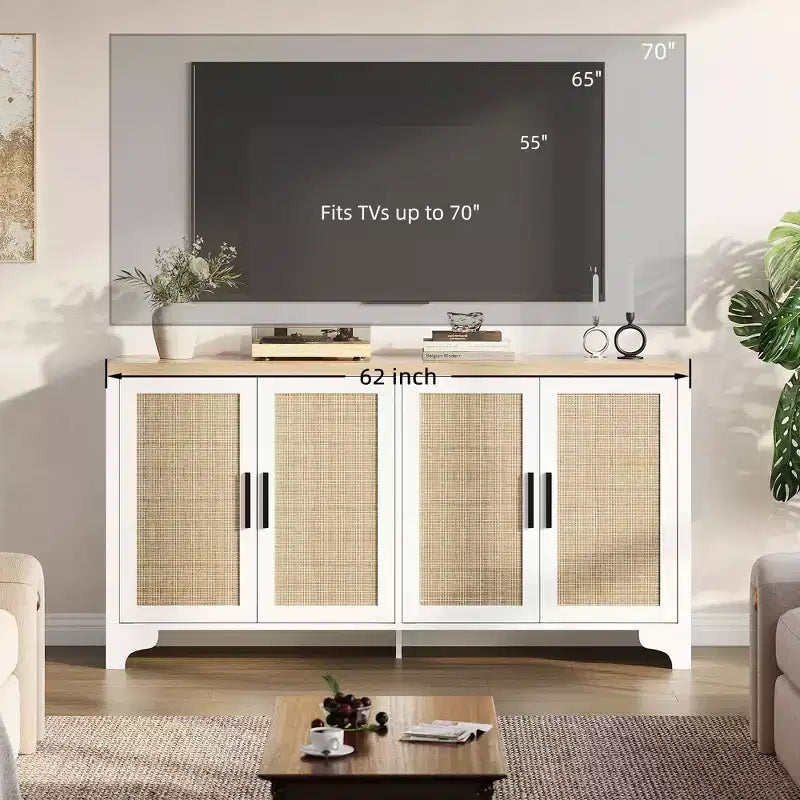 Buffet de salle à manger en rotin de 157 cm, meuble de rangement de cuisine à 4 portes avec étagères