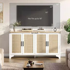 Buffet de salle à manger en rotin de 157 cm, meuble de rangement de cuisine à 4 portes avec étagères